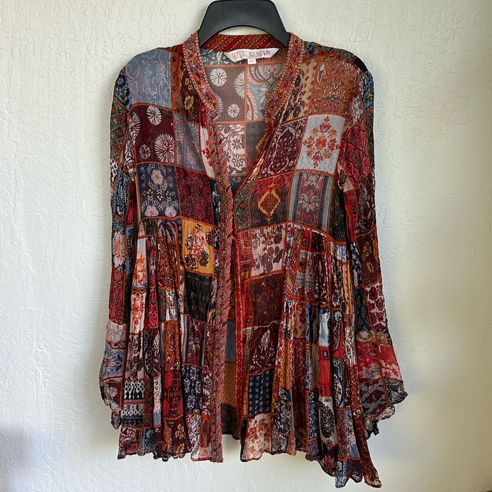 Vintage Ritu Kumar floral, flowy top with butterfly sleeves